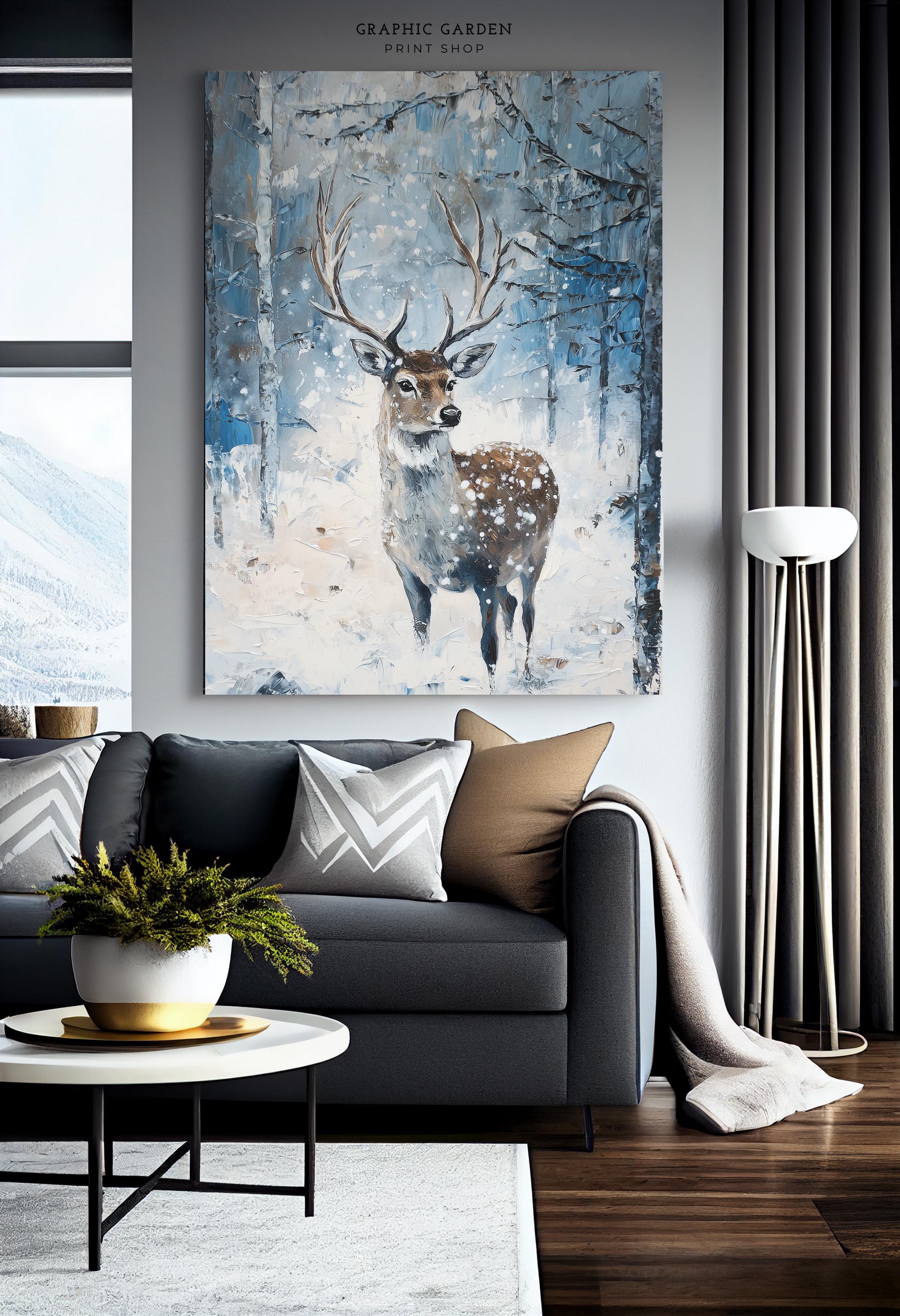 Deer Forest Painting Winter Landscape Printable Rustic Cabin Wall Art ...