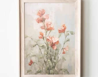 Impresión de arte de pared con flores de guisantes dulces, impresión vertical con motivos florales rosas, decoración rústica apagada, pintura al óleo vintage, descarga instantánea, regalo de cumpleaños de abril