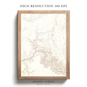 Mapa vintage imprimible del Parque Nacional del Gran Cañón, arte mural rústico con elevación, póster histórico de Arizona, tonos tierra antiguos apagados, 1886