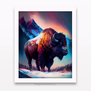 Puede incluir: Una pintura digital colorida de un bisonte de pie en un paisaje nevado con montañas en el fondo. El bisonte está representado en tonos de azul, morado, naranja y marrón. Las montañas son de un rojo y azul vibrantes. El cielo es una mezcla de rosa, azul y morado.