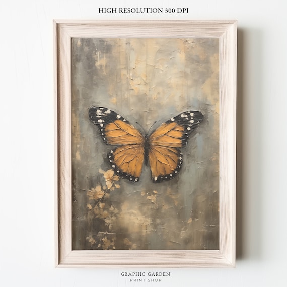 Monarch Butterfly Oil Painting Boho Botanical Printable Rustic Farmhouse Wall Art Print Vintage Country Poster Moody Watercolor Download