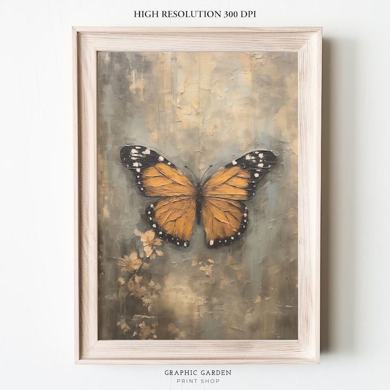 Puede incluir: Una impresi&oacute;n enmarcada de una pintura que presenta una gran mariposa naranja con marcas negras sobre un fondo texturizado gris y marr&oacute;n.