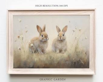 Bunny Instant Download Spring Horizontal Printable Nursery Decor Bunnies Samsung Frame TV Art Rabbit Kids Room Wall Art Meadow Landscape