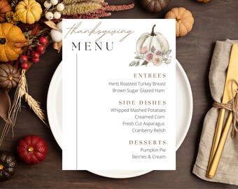 Thanksgiving-Menü, bearbeitbare Friendsgiving-Menüvorlage, Herbstparty, Post / gemeinsam nutzbarer digitaler Download, anpassbarer Herbstdruck
