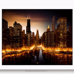 Chicago Chicago Skyline Wandkunst, Midwestern Stadtbild horizontal bedruckbar, Nachtlandschaft Dekor, Sternenhimmel, Flussreflexion, Rahmen TV