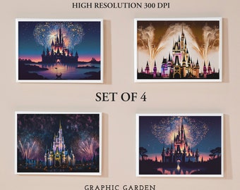 Magisch kasteel kunst aan de muur, afdrukbaar Magic Kingdom, abstract landschap digitale download, bundel hedendaagse Assepoester kasteel, decor tv lijst