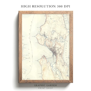 Mapa vintage imprimible de Seattle, arte rústico de pared con elevación geológica, póster histórico de Washington, tonos tierra apagados antiguos, 1894
