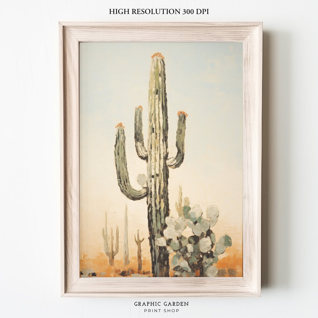 Western Cactus Oil Painting Muted Landscape Printable Rustic Southwest ...