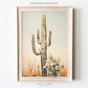 Western Kaktus Ölgemälde Mutige Landschaft Druckbare Rustikale Wand Kunst im Südwesten Antike Wüste Druck Vintage Boho Poster Aquarell Download