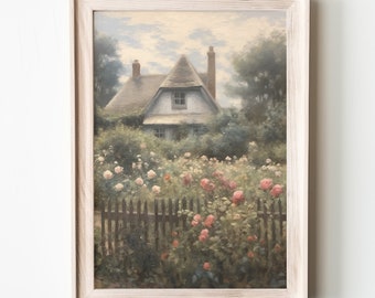 Cottage Rose Garden Oil Painting Muted Floral Landscape Printable Vintage Country Wall Art Rustic European Antique Print Instant Download
