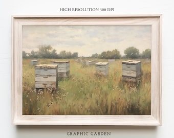 Bee Hive Oil Painting Country Wildflower Meadow Printable Vintage Landscape Frame TV Art Rustic Farmhouse Wall Art Print Beekeeping Download