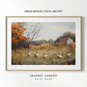May include: A painting depicting a rural scene with a farmhouse in the background and five white chickens walking in a line across a grassy field. The sky is blue with white clouds and the trees are a mix of green and brown.