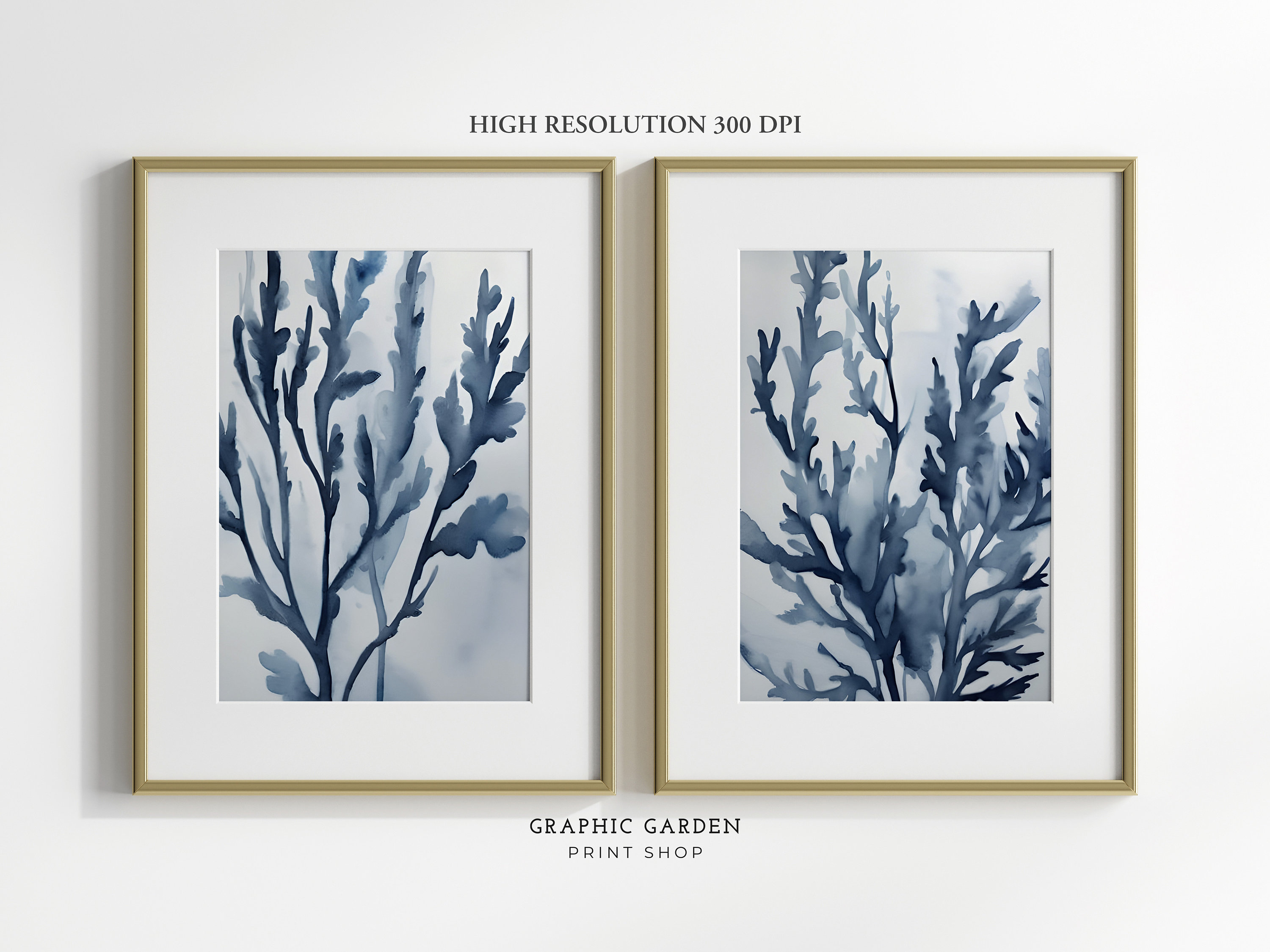 Set van 2 blauw koraal muurkunst bundel indigo schilderij afdrukbare kustgalerij aquarel zeewier print nautisch decor gecombineerd digitaal kunstwerk