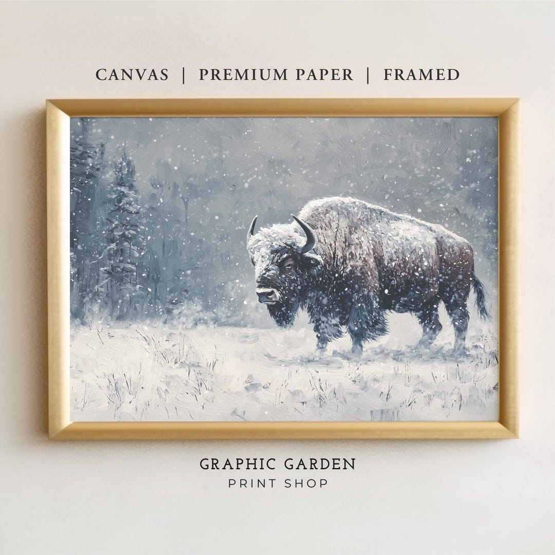 Winter Bison Painting Horizontal Print, Forest Landscape Canvas Wall ...