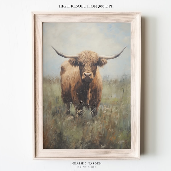 Highland Cow Oil Painting Muted Landscape Printable Vintage Country Wall Art Rustic Pasture Antique Print Grass Field Instant Download Moody