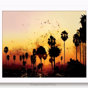Art mural sur la ligne d'horizon de Los Angeles, paysage urbain côtier horizontal à imprimer, décoration de paysage urbain, palmiers, cadre TV coucher de soleil contemporain moderne