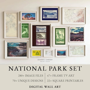 Nationalparks Wand Kunst Druck Set, Vintage Map Bundle, Maximalist Landschaft Printables, Natur Rahmen TV Art Decor, Yellowstone Zion Redwood