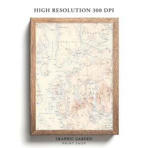 Mount Desert Island Vintage Karte druckbare, geologische Berghöhe Wandkunst, historische Maine Plakatdruck, antiker Erdton, 1904