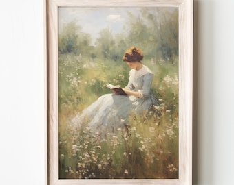 Reading A Book Vintage Oil Painting Antique Wildflower Meadow Printable Rustic Country Landscape Wall Art Print Farmhouse Portrait Download