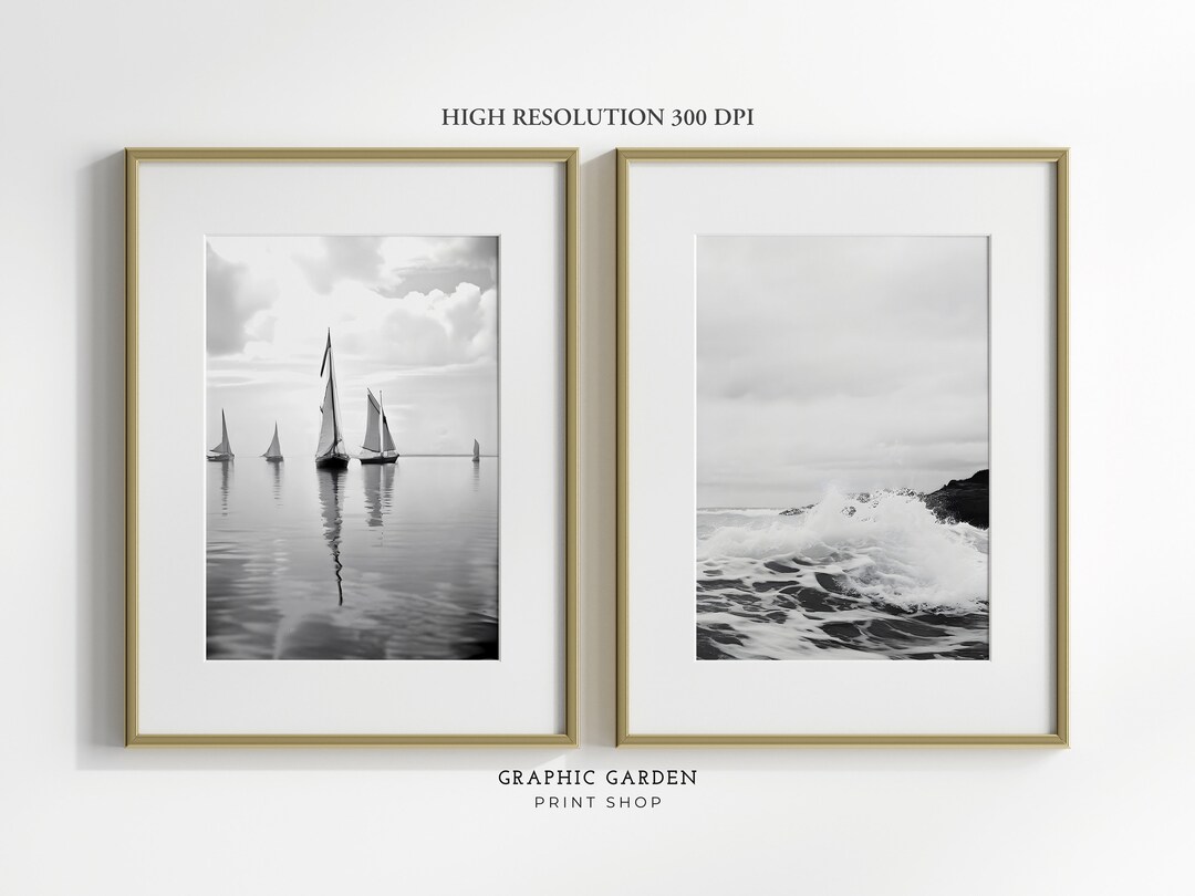 Set of 2 Coastal Wall Art Bundle Black and White Printable Moody ...