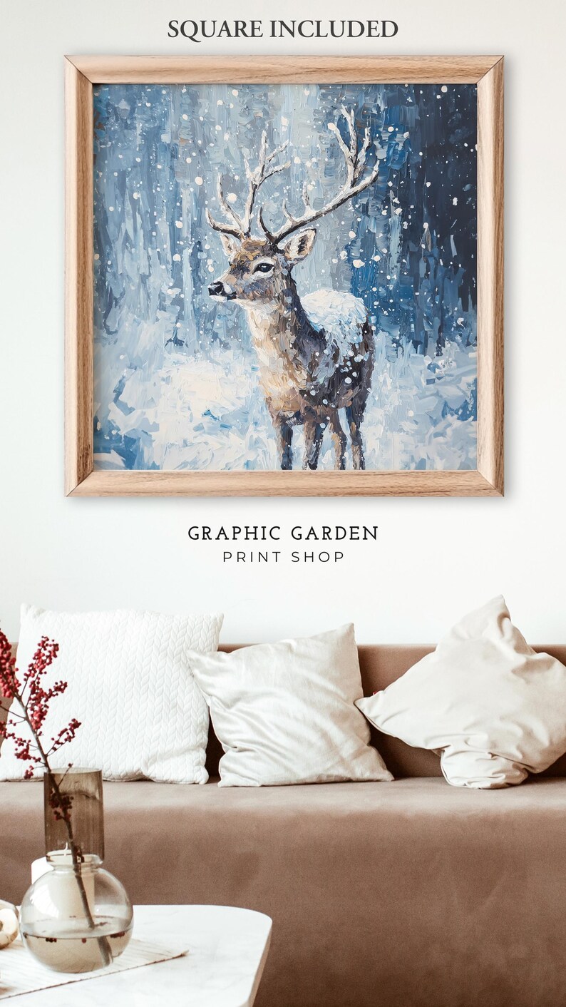 Woodland Deer Painting Winter Landscape Printable Rustic Cabin Wall Art ...