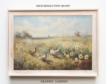 Paisaje de pradera con gallinas, descarga instantánea, horizontal, imprimible, decoración de cocina, estilo rústico, estilo rústico, para pared, para Samsung, TV, marco