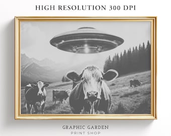 Impresión de OVNI de vacas, paisaje de montaña vintage imprimible, marco de platillo volador para TV, arte de pared en blanco y negro, descarga instantánea de pasto campestre