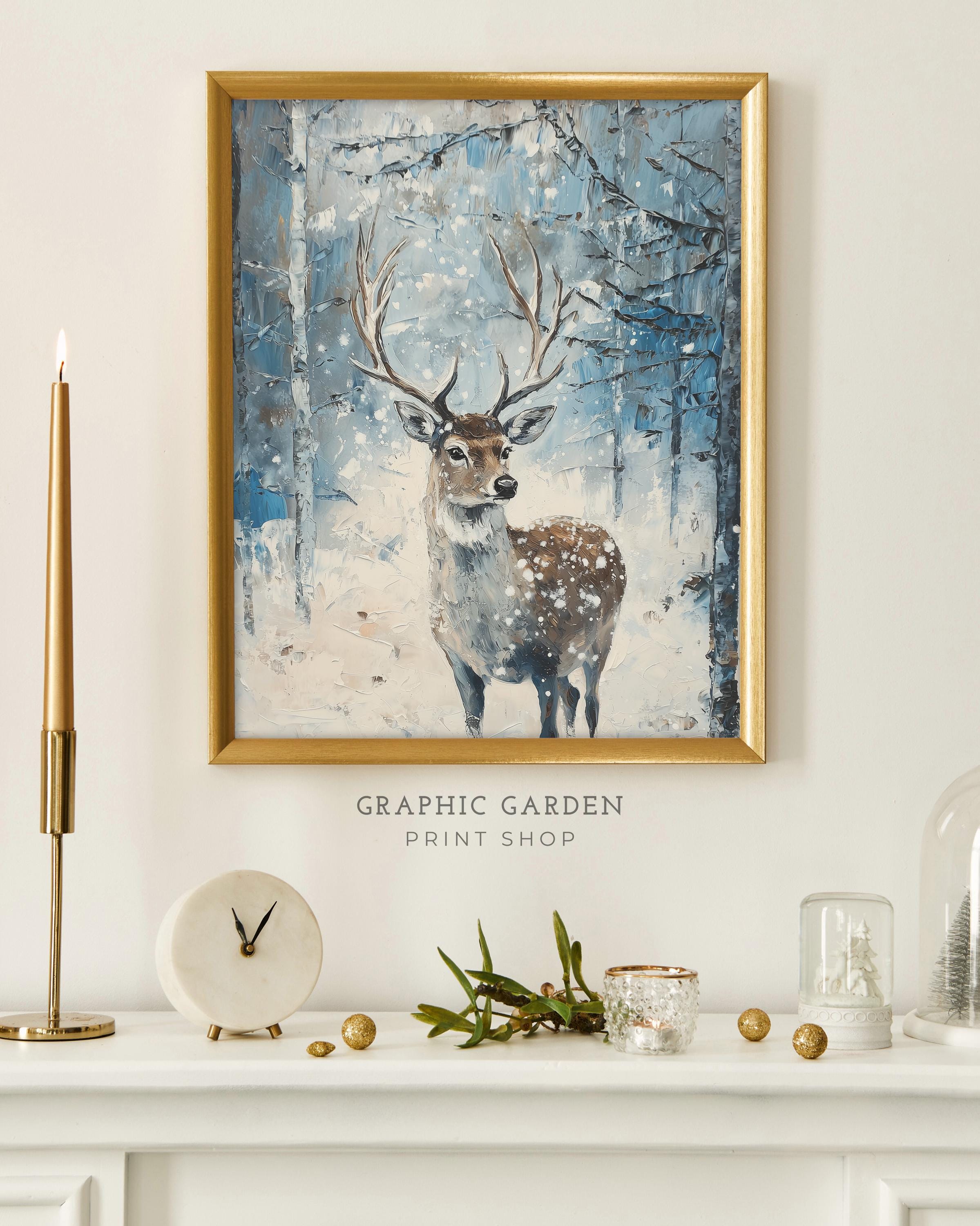 Deer Forest Painting Winter Landscape Printable Rustic Cabin Wall Art ...