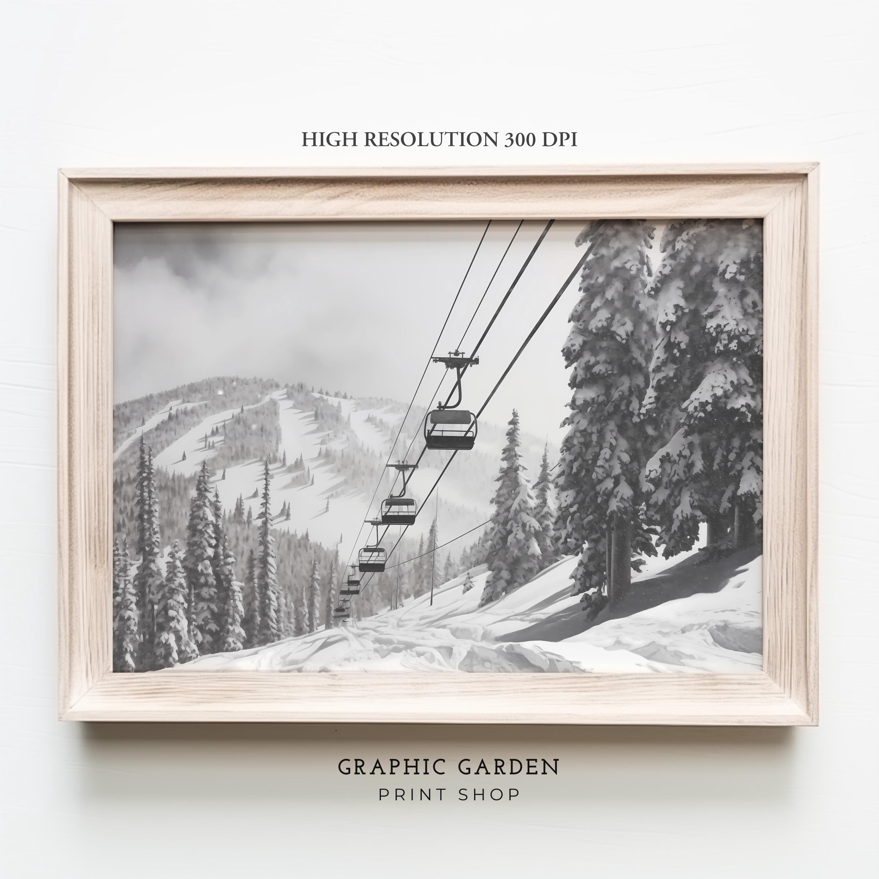 Vintage Ski Lift Print, Winter Landscape Frame TV Art, Black
