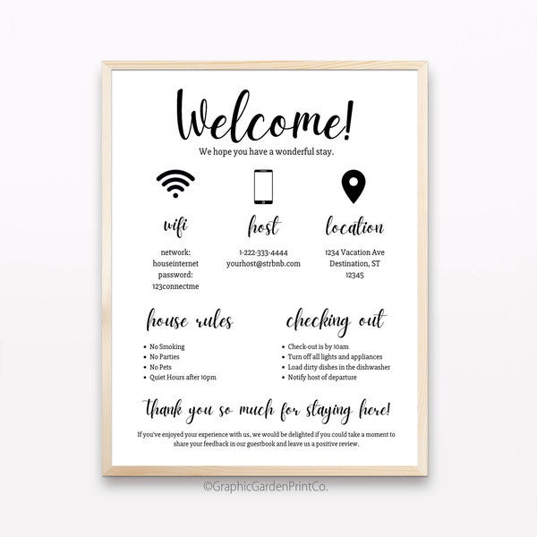 Cartel de bienvenida para anfitriones de alquiler a corto plazo, plantilla editable de Airbnb, STR de vacaciones imprimible, descarga digital VRBO WiFi, guía de registro de invitados