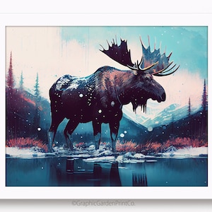 Puede incluir: Una pintura digital de un alce de pie en un lago nevado con una cordillera de montañas en el fondo. El alce es marrón y tiene grandes astas. El lago es azul y las montañas son moradas y blancas.