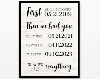 Puede incluir: Un letrero de madera con texto negro que dice "First we had each other 05.21.2019 Then we had you Bailey Anne 05.21.2021 Carter Lee 04.11.2022 Bella Lynn 09.02.2023 Now we have everything ©GraphicGardenPrintCo."