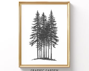 Line Art Pine Trees Print, Rustic Drawing Wall Art, Forest Landscape Printable, Vintage Sketch Decor, Illustration Poster Digital Download