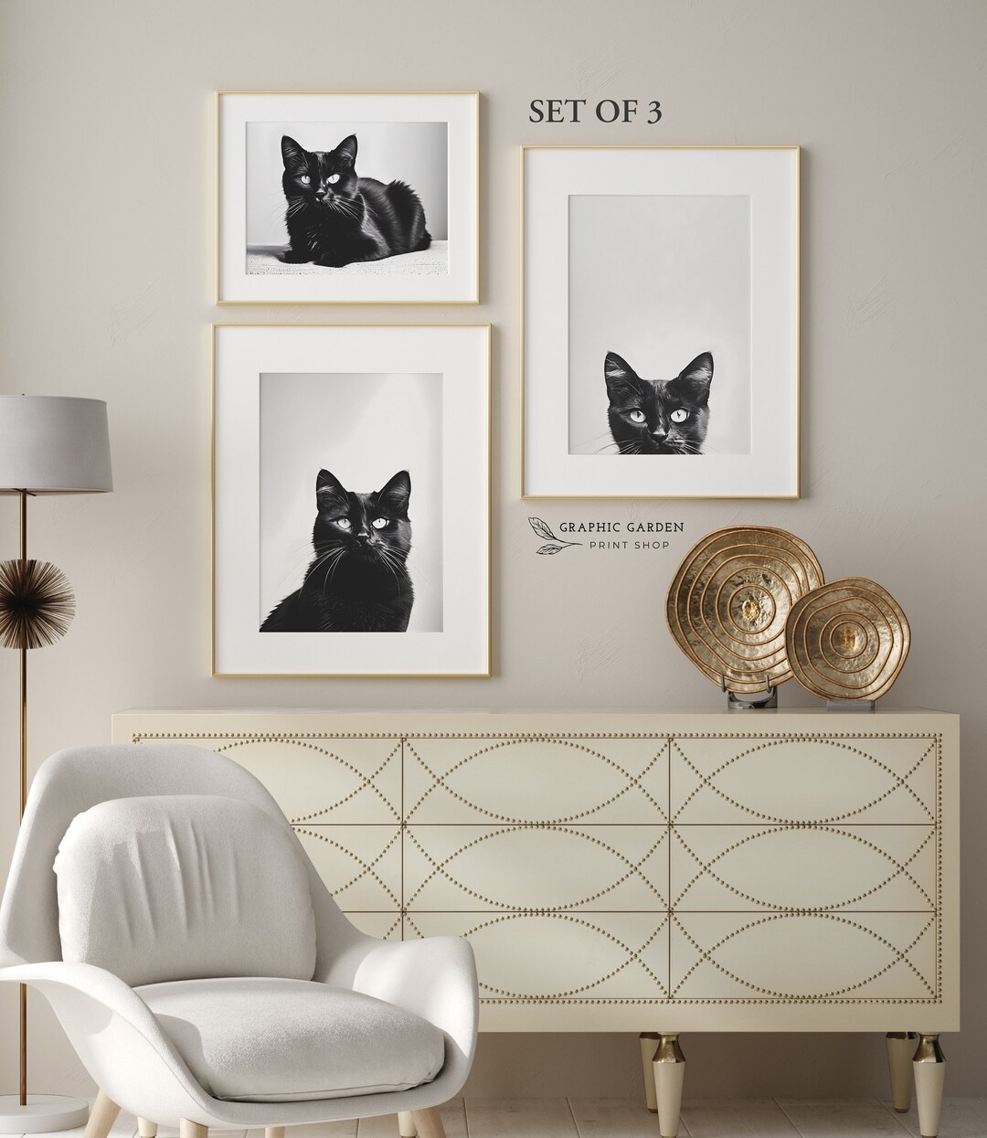 Set of 3 Black Cat Wall Art Bundle Black and White Printable Halloween ...