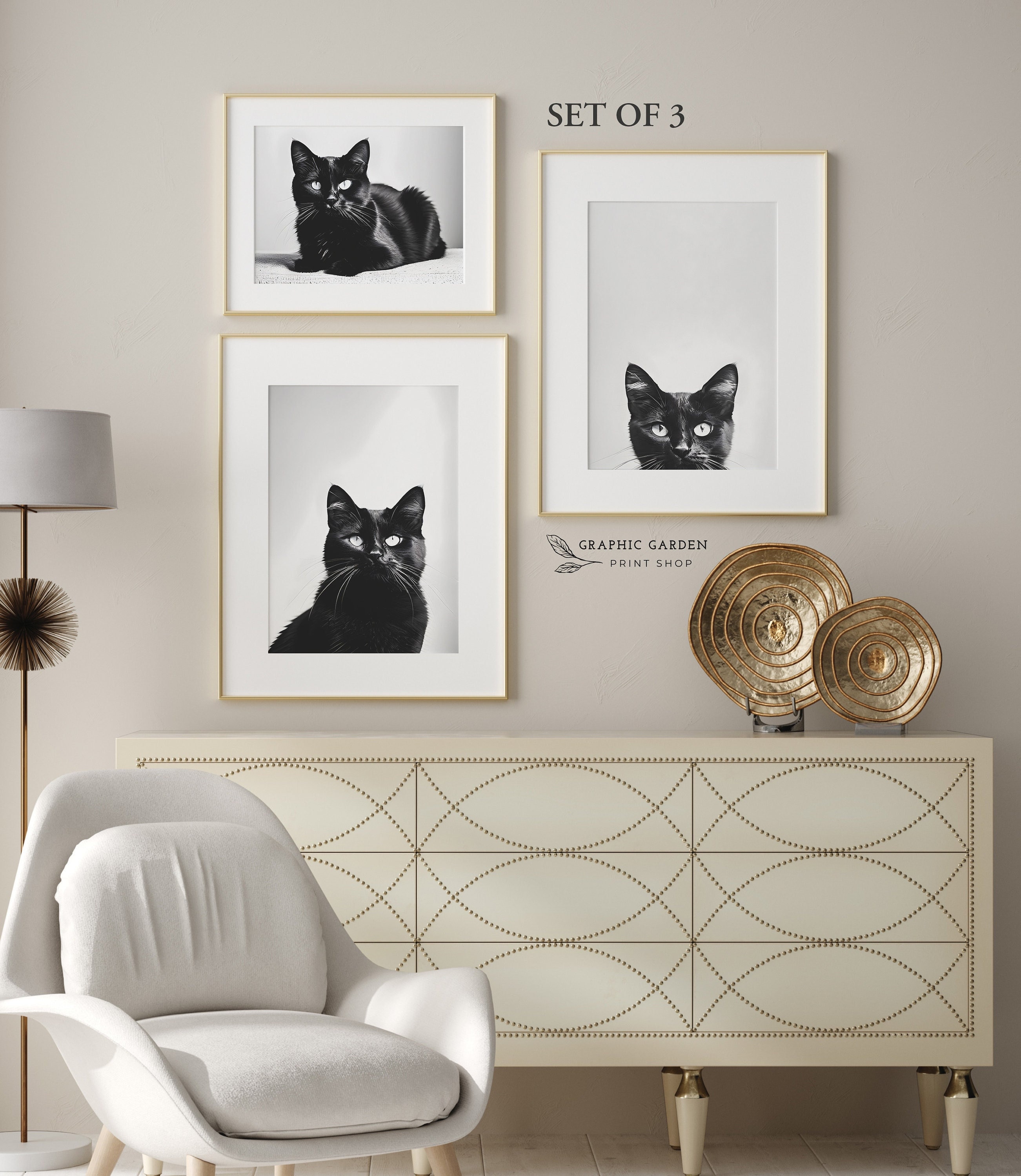 Set of 3 Black Cat Wall Art Bundle Black and White Printable Halloween ...