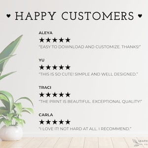 Puede incluir: Un fondo blanco con texto negro y estrellas. El texto dice "HAPPY CUSTOMERS" e incluye rese&ntilde;as de clientes con nombres, calificaciones de estrellas y citas. Las citas incluyen frases como "f&aacute;cil de descargar", "sencillo y bien dise&ntilde;ado", "hermosa calidad excepcional" y "no es nada dif&iacute;cil".