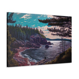 Acadia National Park Canvas Wall Art, Maine Coast Horizontal Print, Ocean Harbor Landscape, Contemporary Forest Home Decor, Coastal Painting