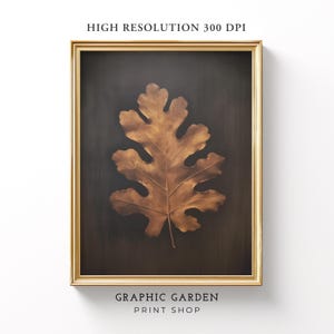 May include: A framed print featuring a detailed, golden-brown leaf against a dark background. The leaf's intricate veins and edges are visible. The frame is gold, and the print includes the text "HIGH RESOLUTION 300 DPI" and "GRAPHIC GARDEN PRINT SHOP."
