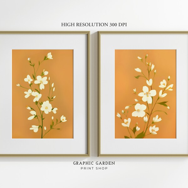 Set of 2 Flower Sketch Wall Art Bundle Wildflower Printable Vintage Drawing Gallery Orange Boho Decor Print Botanical Pared Artwork Download