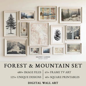 Lot à imprimer forêt de montagne, ensemble d'oeuvres d'art murales galerie bois, impressions de chalets rustiques, décoration pour téléviseur avec cadre en pin, affiches de paysages en sourdine