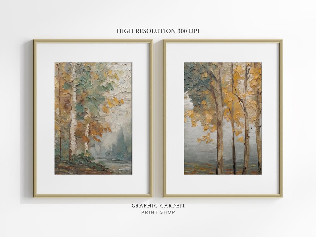 Set of 2 Fall Trees Wall Art Bundle, Autumn Birch Forest Printables ...