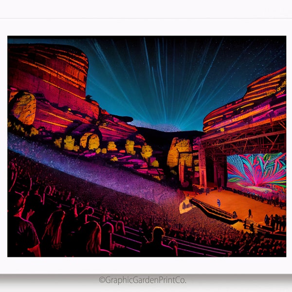 Red Rocks Park & Amphitheatre Wall Art, Morrison Colorado Horizontal Printable, Landscape Digital Download, Stage, Neon Lasers, Frame TV