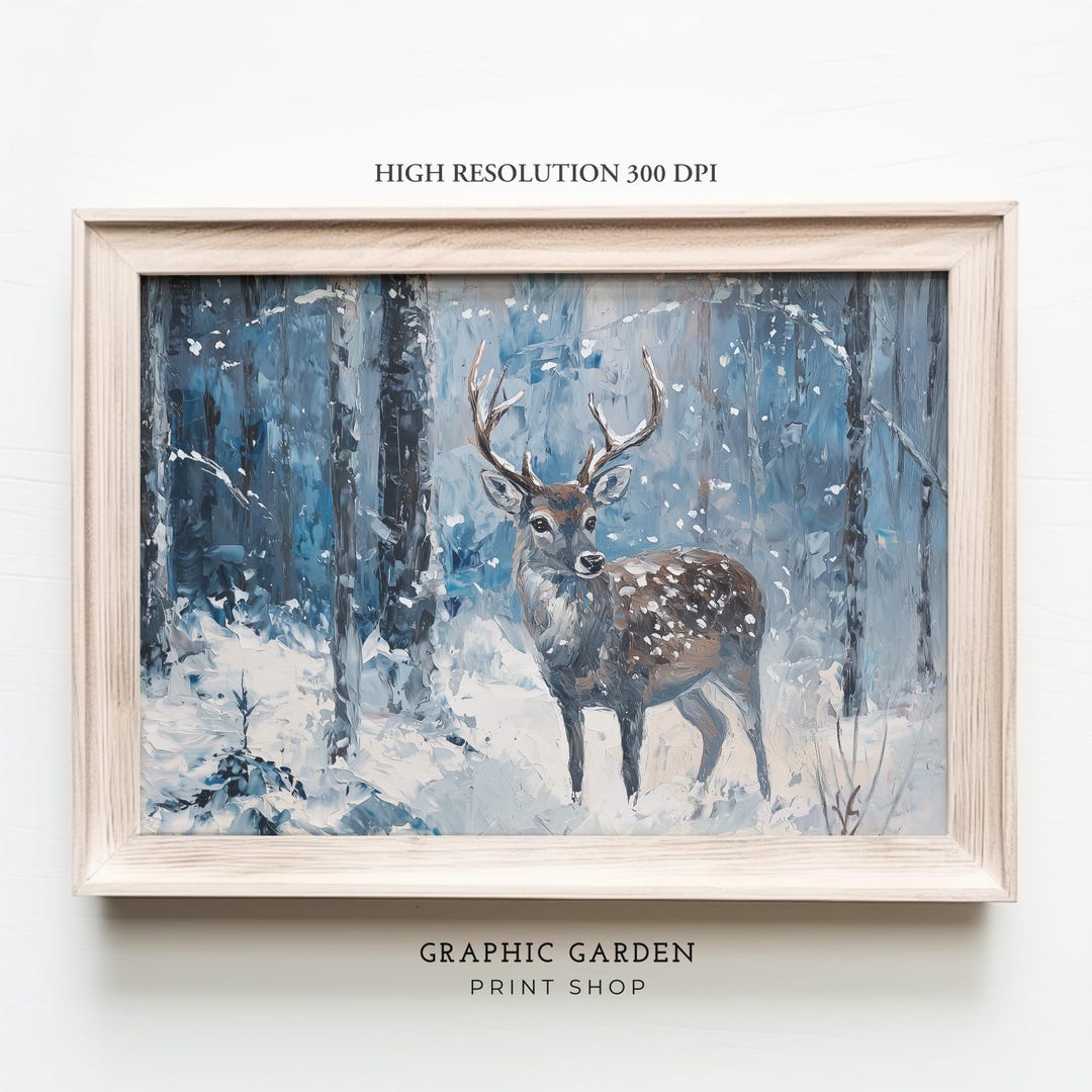 Deer Painting Forest Landscape Printable Winter Snow Frame TV Art ...