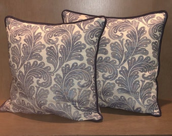 Blue Floral Pillow with Blue Velvet Trim - 20" x 20"