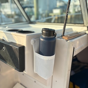 Large Mesh Boat Cup Holder Made in USA - Adhesive Snap Mounted Cup Holder Made to Securely hold a Large Water Bottle up to 40oz.
