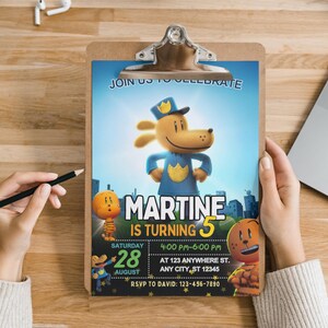 Edytowalne zaproszenie urodzinowe Dog Man, zaproszenie Dog Man, edytowalne zaproszenie urodzinowe dla dzieci, zaproszenie do filmu Dog Man, urodziny Dog Man