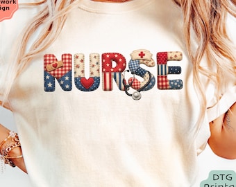 Nurse Shirt, Faux Patchwork Patriotic Comfort Colors Nurse Tee, Cute Nurse Gift, Memorial Day Labor Day Healthcare Worker Top