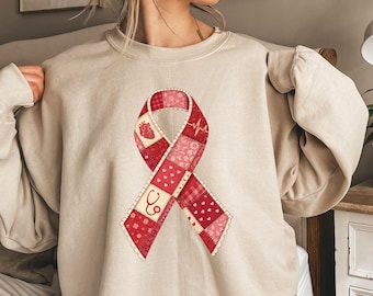 Heart Awareness Ribbon Sweatshirt Go Red Nurse Shirt Heart Month Awareness Crewneck Women’s Heart Health Support Gift