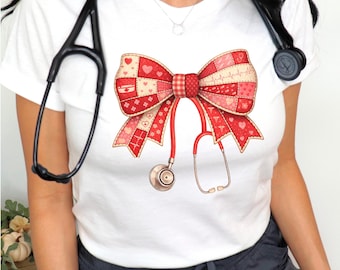 Nurse Valentine Shirt Heart Month Awareness T-shirt Cute Stethoscope Bow Tee Nurse Gift Go Red Day Shirt