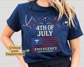 Custom 4th of July Nurse Shirt, Personalized Patriotic Hospital Department & Clinic Tee, ER ICU RT Radiology Medical Crew American Flag Tee